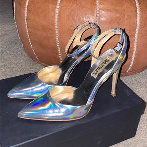 Holographic pointed toe heels